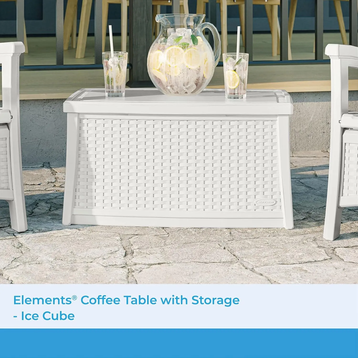 Suncast Elements Coffee Table with Storage, Weather-Resistant, Hinged Lid, Spacious 30 Gal. Hidden Storage, Ideal for Patios and Outdoor Spaces, Ice Cube, Made in the USA