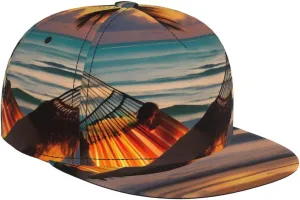 Sunset Beach Hammock Print Flat Brim Baseball Cap, Flat Bill Visor Snapback Hat, Trucker Hat for Men Women Black