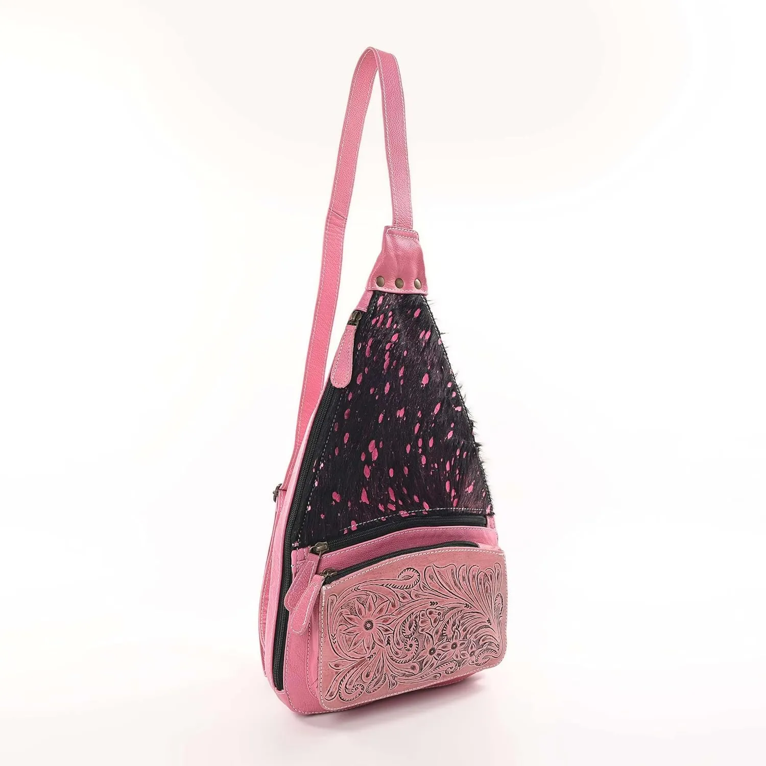 Sunset Serenade Sling Cowhide Hair on Crossbody Bag - Hand Tooled Unisex Sling Backpack