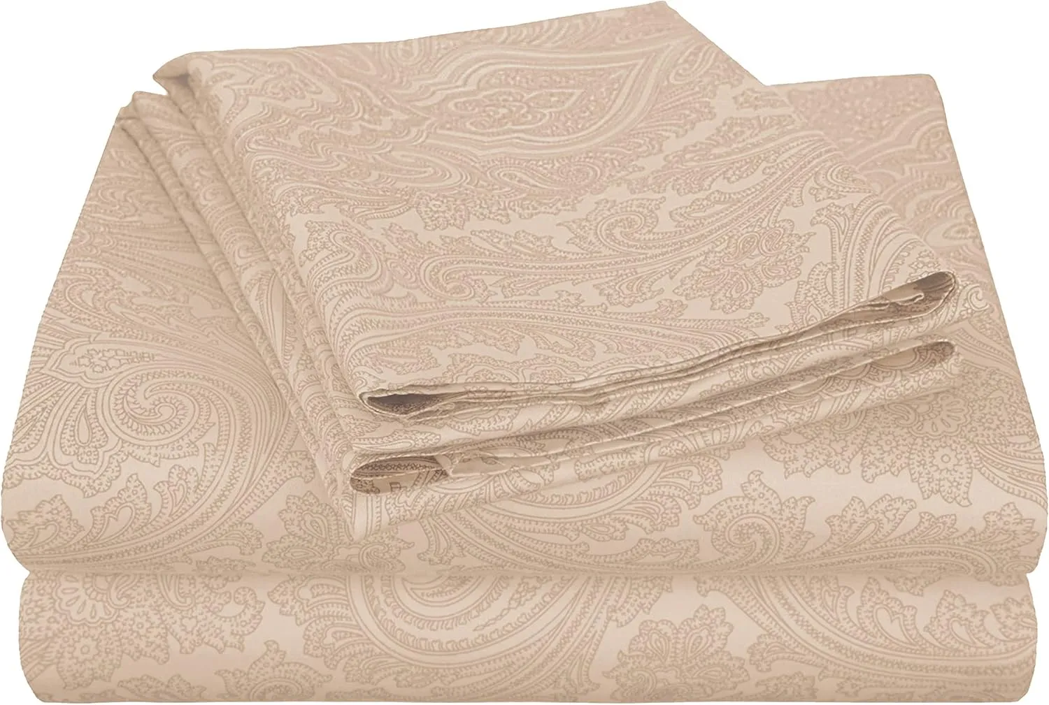 Superior 600 Thread Count Cotton Blend Bed Sheet Set, Italian Paisley Design, Includes 1 Fully Elastic Deep Pocket Fitted Sheet, 1 Flat Sheet, 2 Pillowcases, Sateen Weave, Queen, Sand