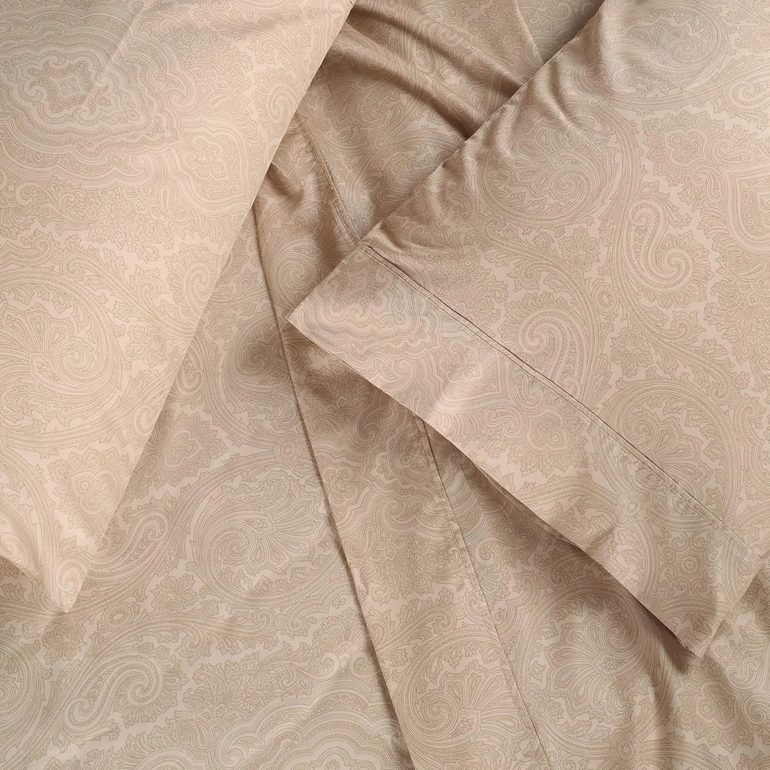 Superior 600 Thread Count Cotton Blend Bed Sheet Set, Italian Paisley Design, Includes 1 Fully Elastic Deep Pocket Fitted Sheet, 1 Flat Sheet, 2 Pillowcases, Sateen Weave, Queen, Sand