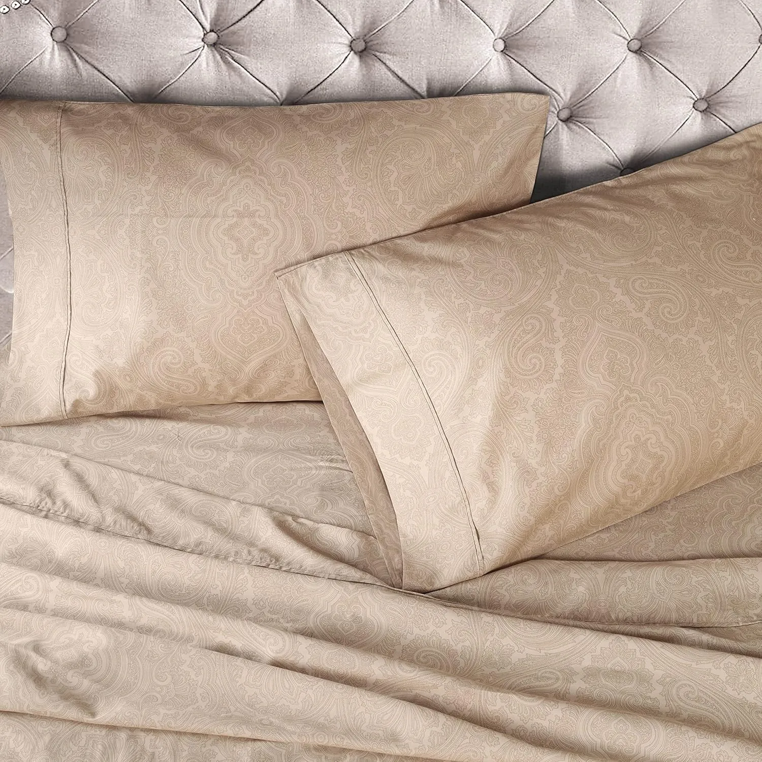 Superior 600 Thread Count Cotton Blend Bed Sheet Set, Italian Paisley Design, Includes 1 Fully Elastic Deep Pocket Fitted Sheet, 1 Flat Sheet, 2 Pillowcases, Sateen Weave, Queen, Sand