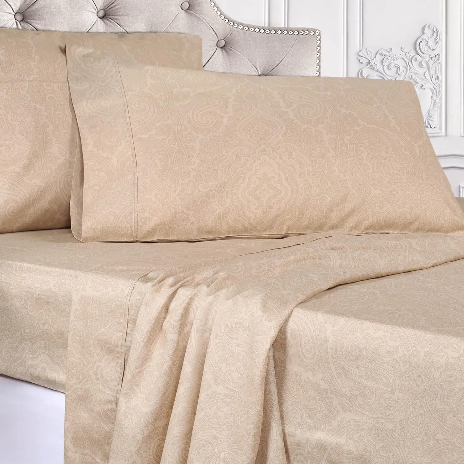 Superior 600 Thread Count Cotton Blend Bed Sheet Set, Italian Paisley Design, Includes 1 Fully Elastic Deep Pocket Fitted Sheet, 1 Flat Sheet, 2 Pillowcases, Sateen Weave, Queen, Sand