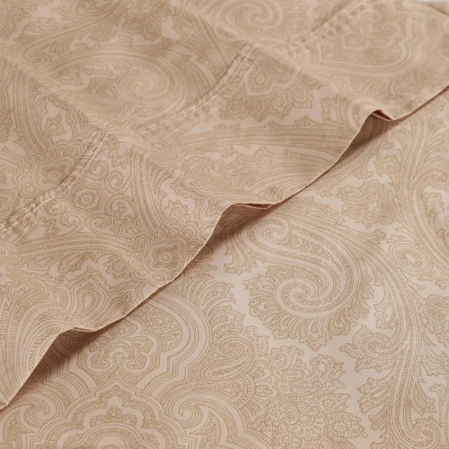 Superior 600 Thread Count Cotton Blend Bed Sheet Set, Italian Paisley Design, Includes 1 Fully Elastic Deep Pocket Fitted Sheet, 1 Flat Sheet, 2 Pillowcases, Sateen Weave, Queen, Sand