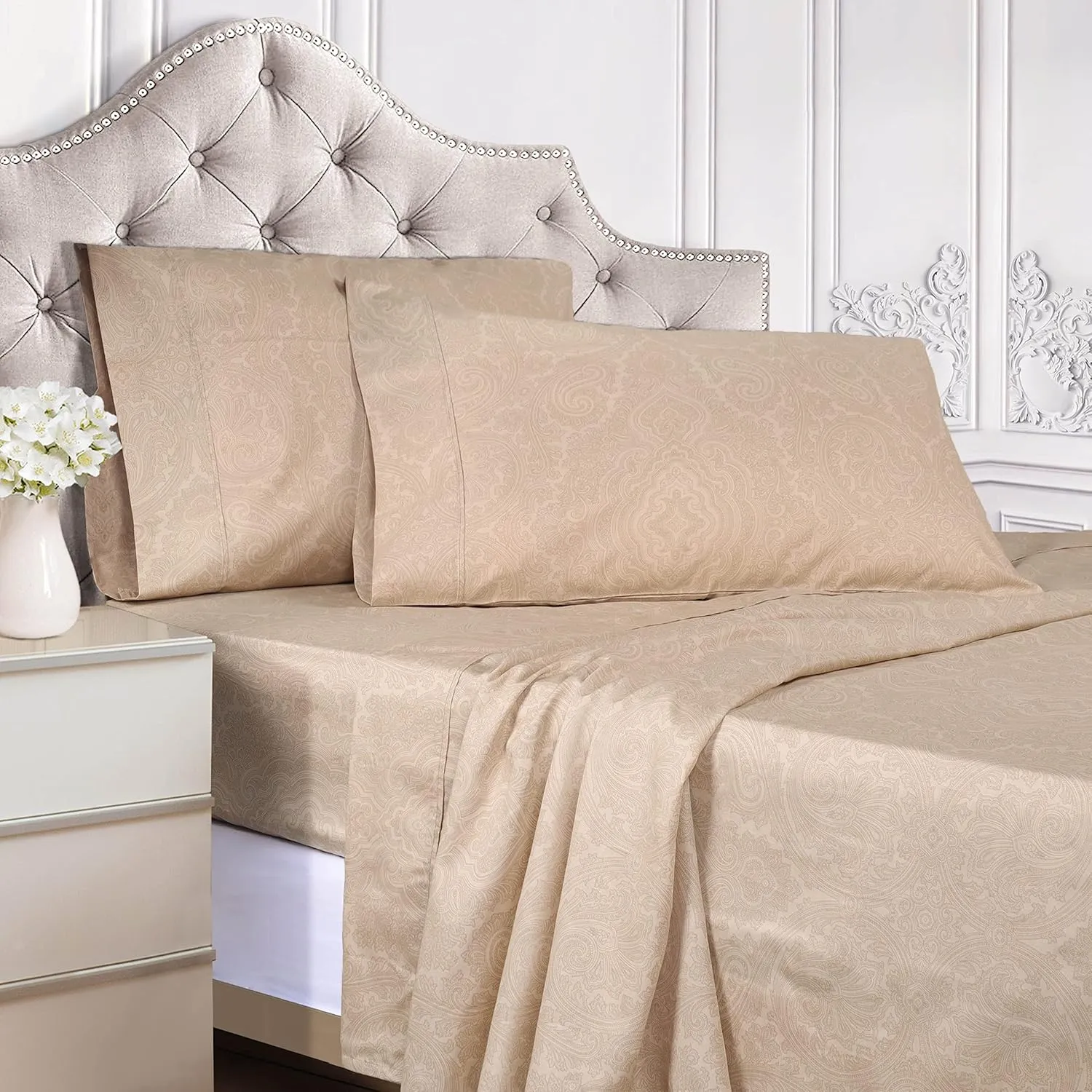 Superior 600 Thread Count Cotton Blend Bed Sheet Set, Italian Paisley Design, Includes 1 Fully Elastic Deep Pocket Fitted Sheet, 1 Flat Sheet, 2 Pillowcases, Sateen Weave, Queen, Sand