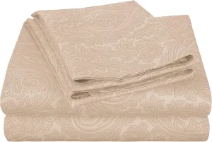 Superior 600 Thread Count Cotton Blend Bed Sheet Set, Italian Paisley Design, Includes 1 Fully Elastic Deep Pocket Fitted Sheet, 1 Flat Sheet, 2 Pillowcases, Sateen Weave, Queen, Sand