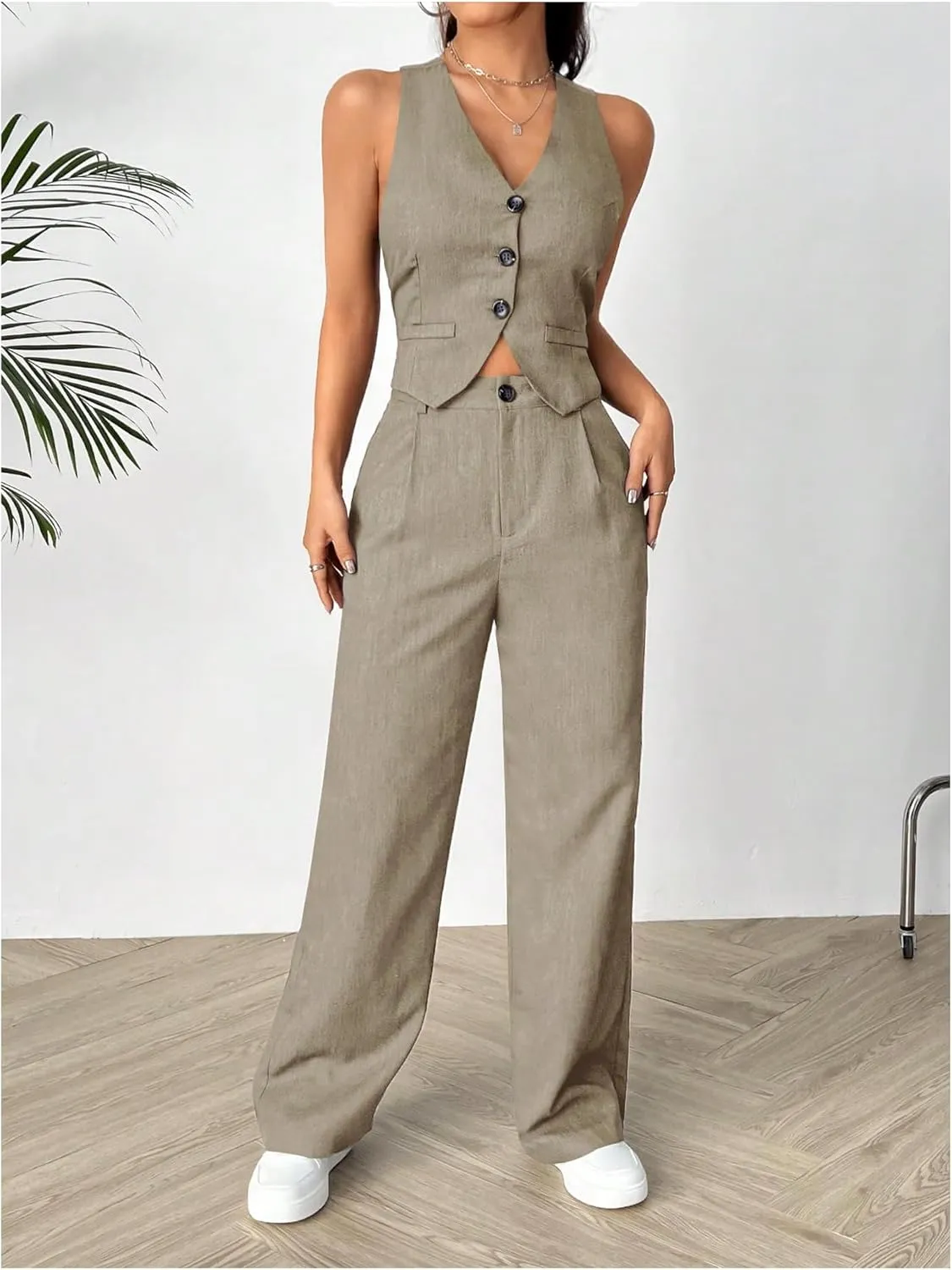SweatyRocks Women's 2 Piece Solid Sleeveless V Neck Cross Back Button Down Blazer and Pants Business Office Suit Set