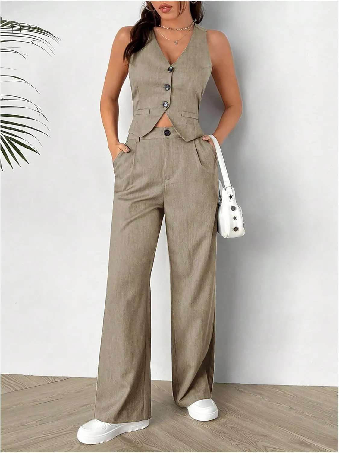 SweatyRocks Women's 2 Piece Solid Sleeveless V Neck Cross Back Button Down Blazer and Pants Business Office Suit Set