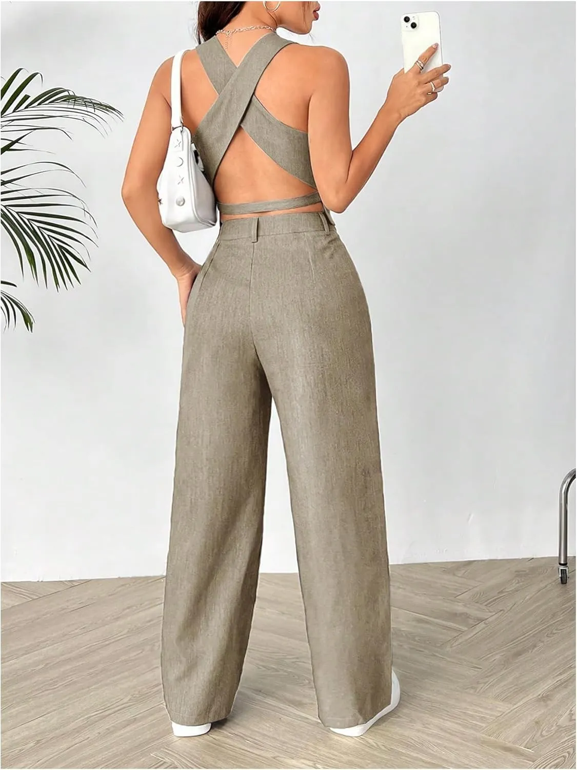 SweatyRocks Women's 2 Piece Solid Sleeveless V Neck Cross Back Button Down Blazer and Pants Business Office Suit Set