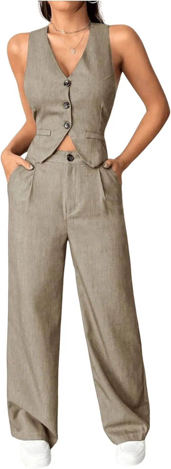 SweatyRocks Women's 2 Piece Solid Sleeveless V Neck Cross Back Button Down Blazer and Pants Business Office Suit Set