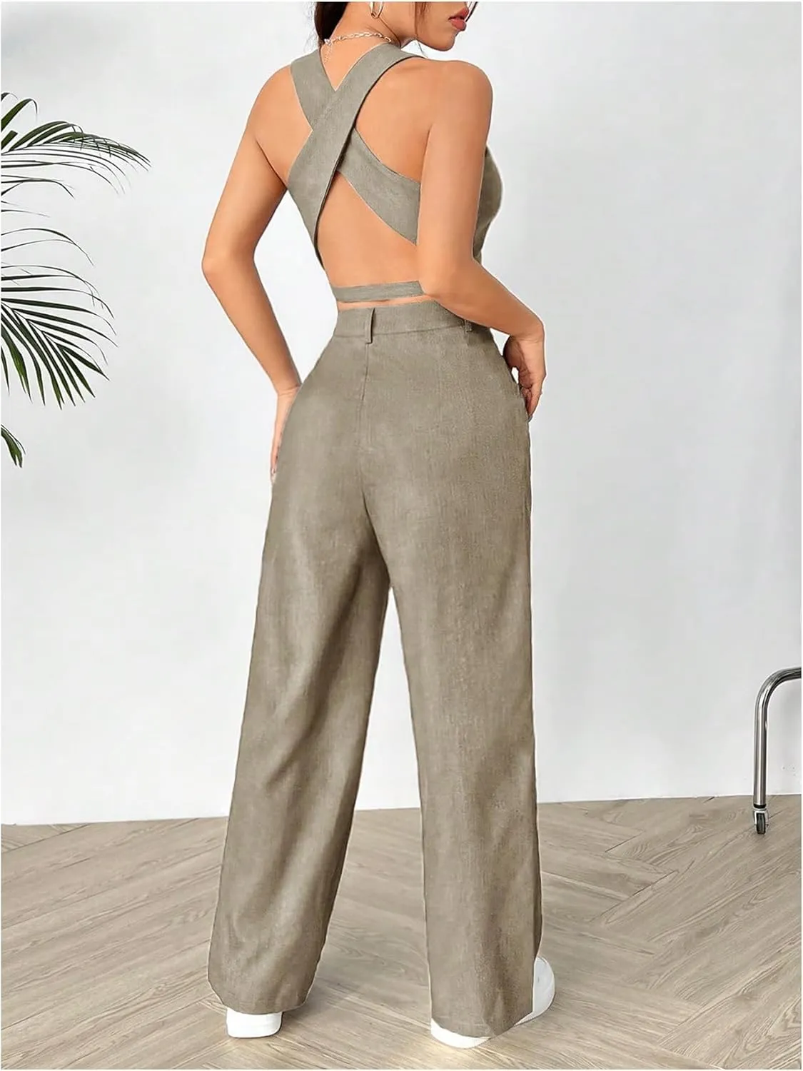 SweatyRocks Women's 2 Piece Solid Sleeveless V Neck Cross Back Button Down Blazer and Pants Business Office Suit Set