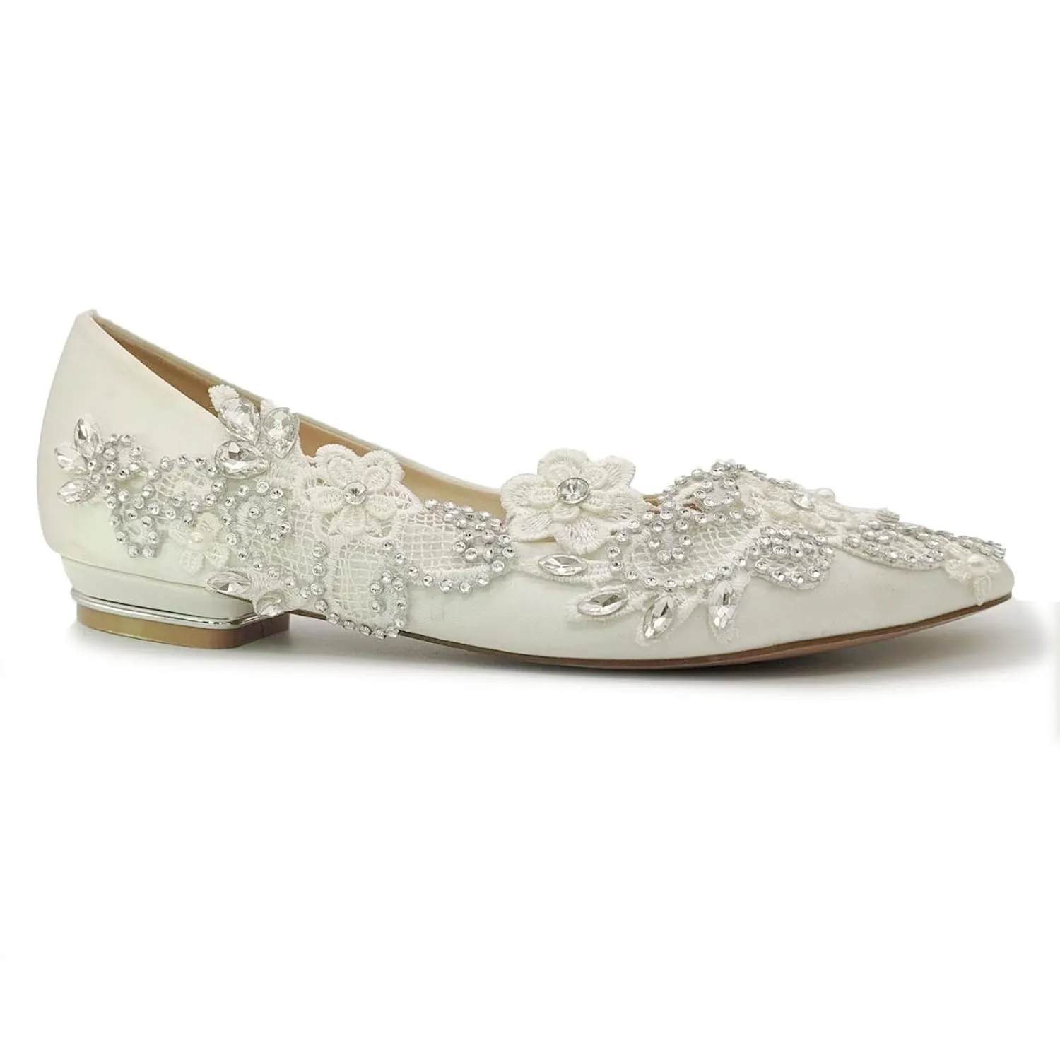 Sweet women Stylish Pearls Flat Wedding Shoes For Bride 3D Floral Appliqued Prom Low Heels Plus Size Pointed Toe Lace Bridal Shoes