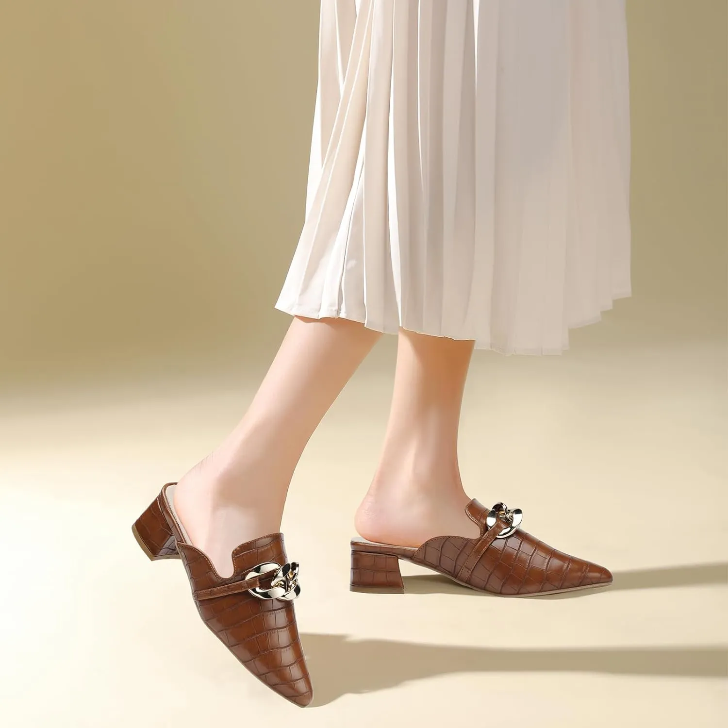Tilocow Metal Chain Decor Mules Heels for Women Chunky Heeled Sandals Slip on Closed Toe Slides for Women Backless Mules