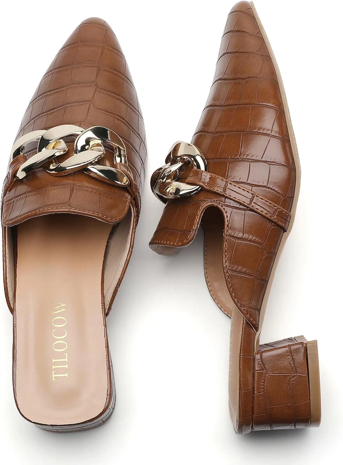 Tilocow Metal Chain Decor Mules Heels for Women Chunky Heeled Sandals Slip on Closed Toe Slides for Women Backless Mules