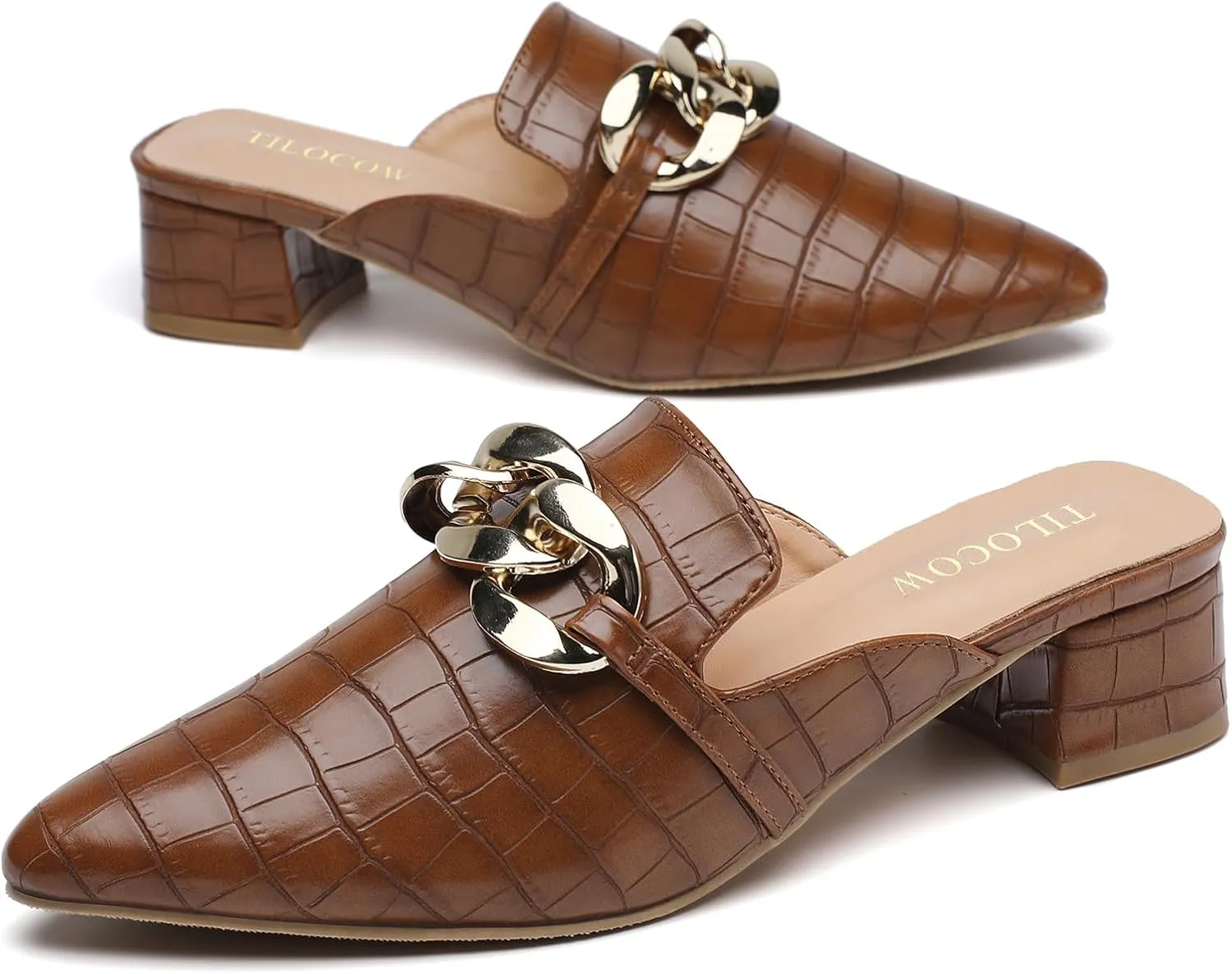 Tilocow Metal Chain Decor Mules Heels for Women Chunky Heeled Sandals Slip on Closed Toe Slides for Women Backless Mules