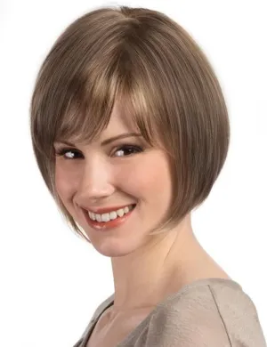 TISHINING Short Brown Mix Blonde Highlight Bob Wig with Bangs for White Women Chin Length Layered Mixed Brown Straight Bob Wig 10 Inch Synthetic Natural Looking Daily Party Wig