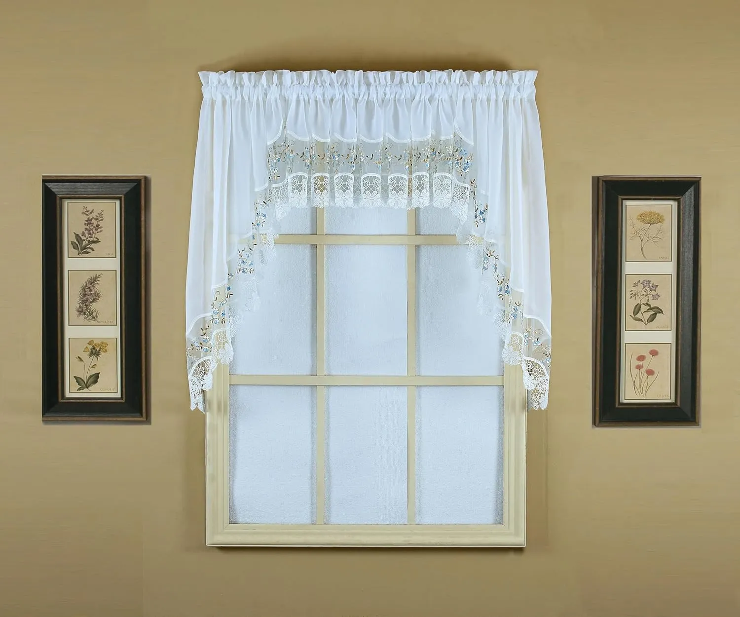 Today's Curtain, Vintage Macramé Organza Valance 14", White/Blue, 58" W x 14" L