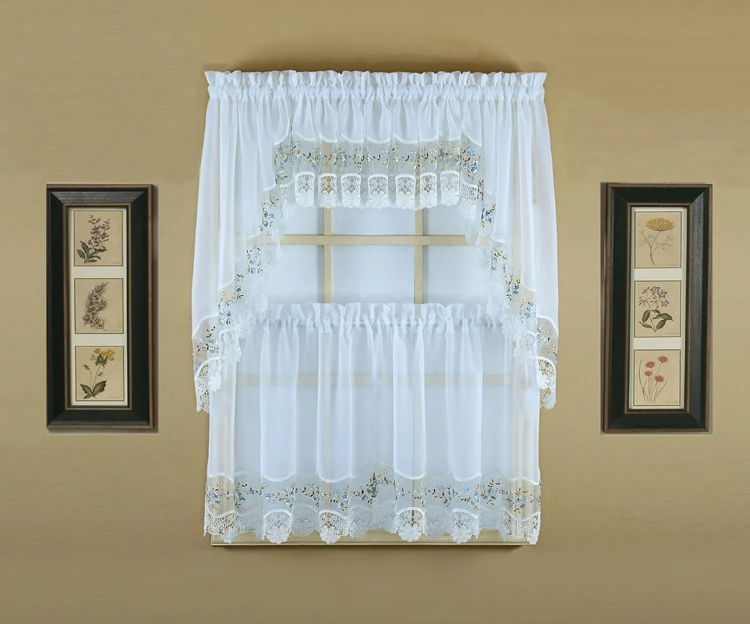 Today's Curtain, Vintage Macramé Organza Valance 14", White/Blue, 58" W x 14" L