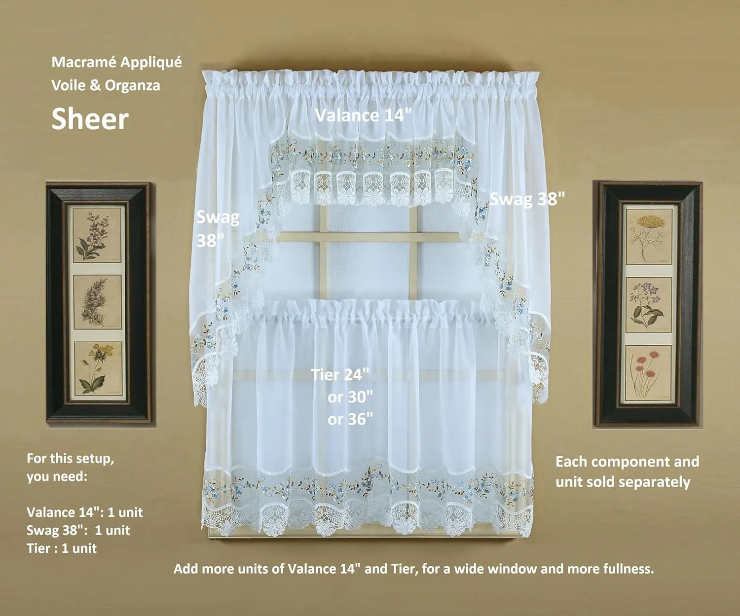 Today's Curtain, Vintage Macramé Organza Valance 14", White/Blue, 58" W x 14" L