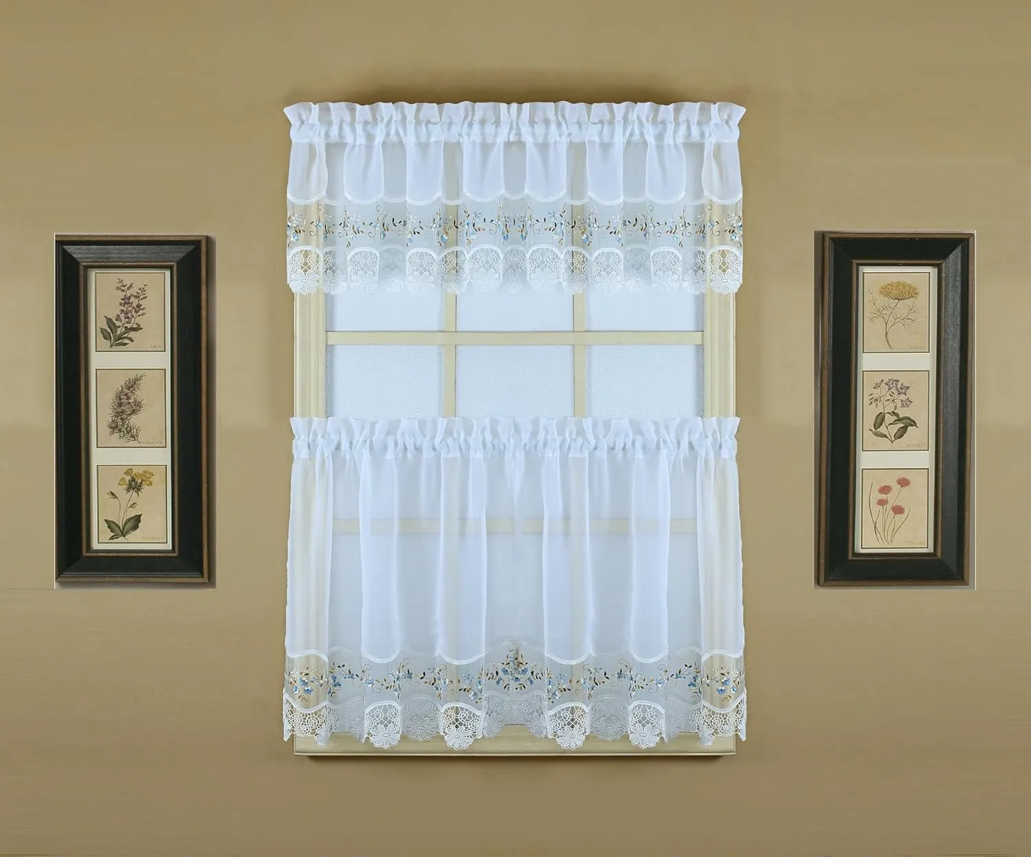 Today's Curtain, Vintage Macramé Organza Valance 14", White/Blue, 58" W x 14" L