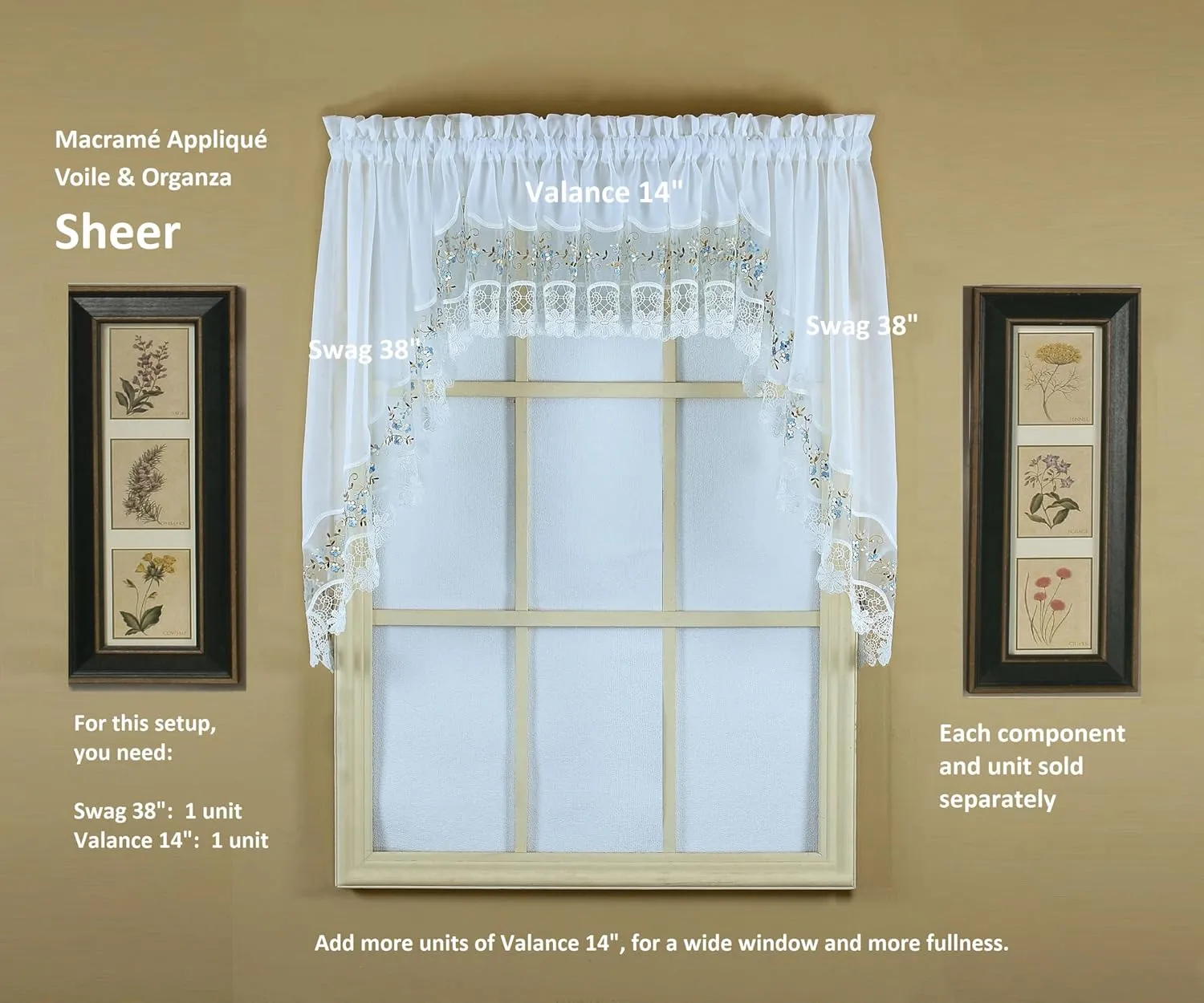Today's Curtain, Vintage Macramé Organza Valance 14", White/Blue, 58" W x 14" L