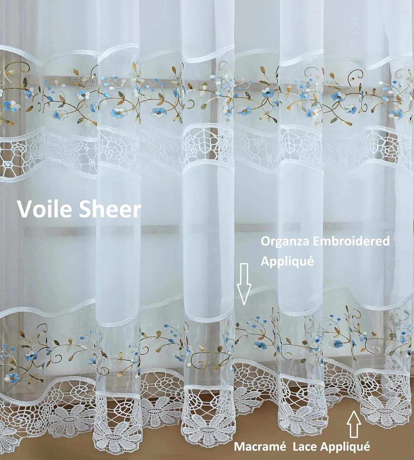 Today's Curtain, Vintage Macramé Organza Valance 14", White/Blue, 58" W x 14" L