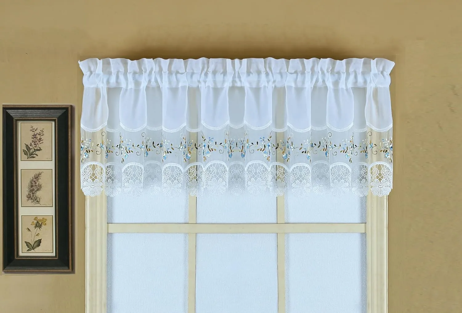 Today's Curtain, Vintage Macramé Organza Valance 14", White/Blue, 58" W x 14" L