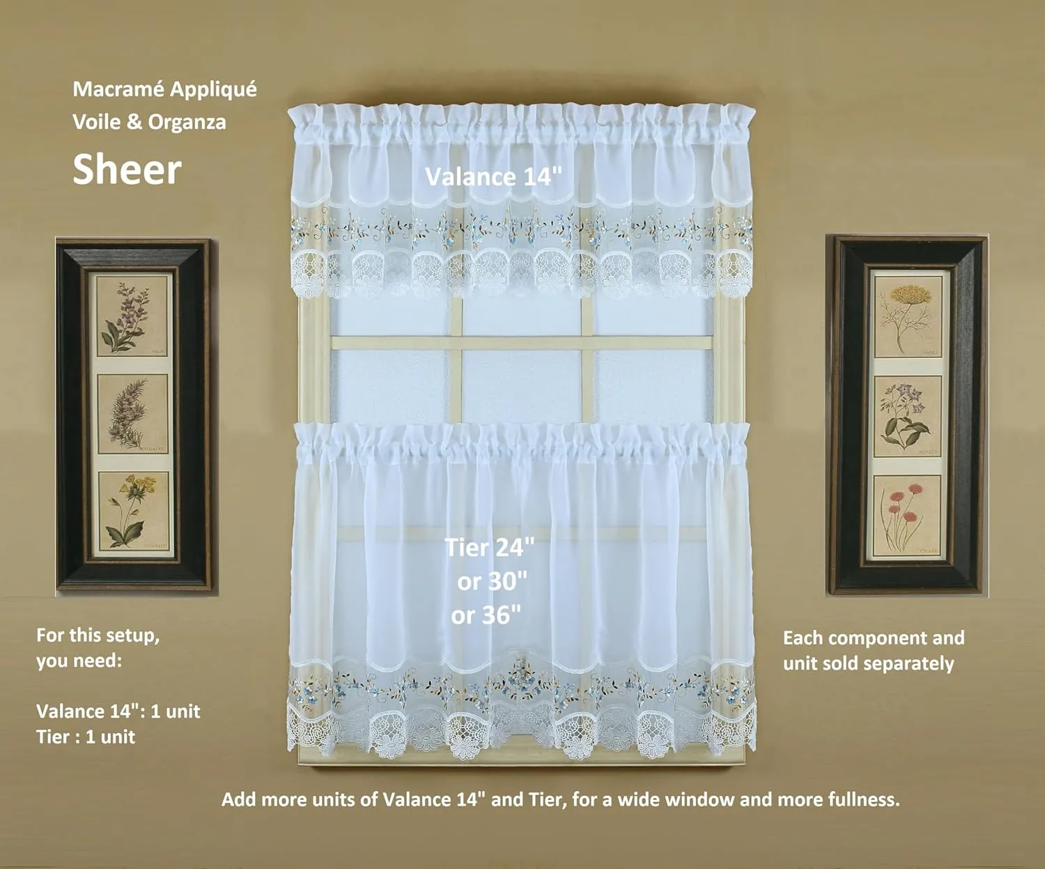 Today's Curtain, Vintage Macramé Organza Valance 14", White/Blue, 58" W x 14" L
