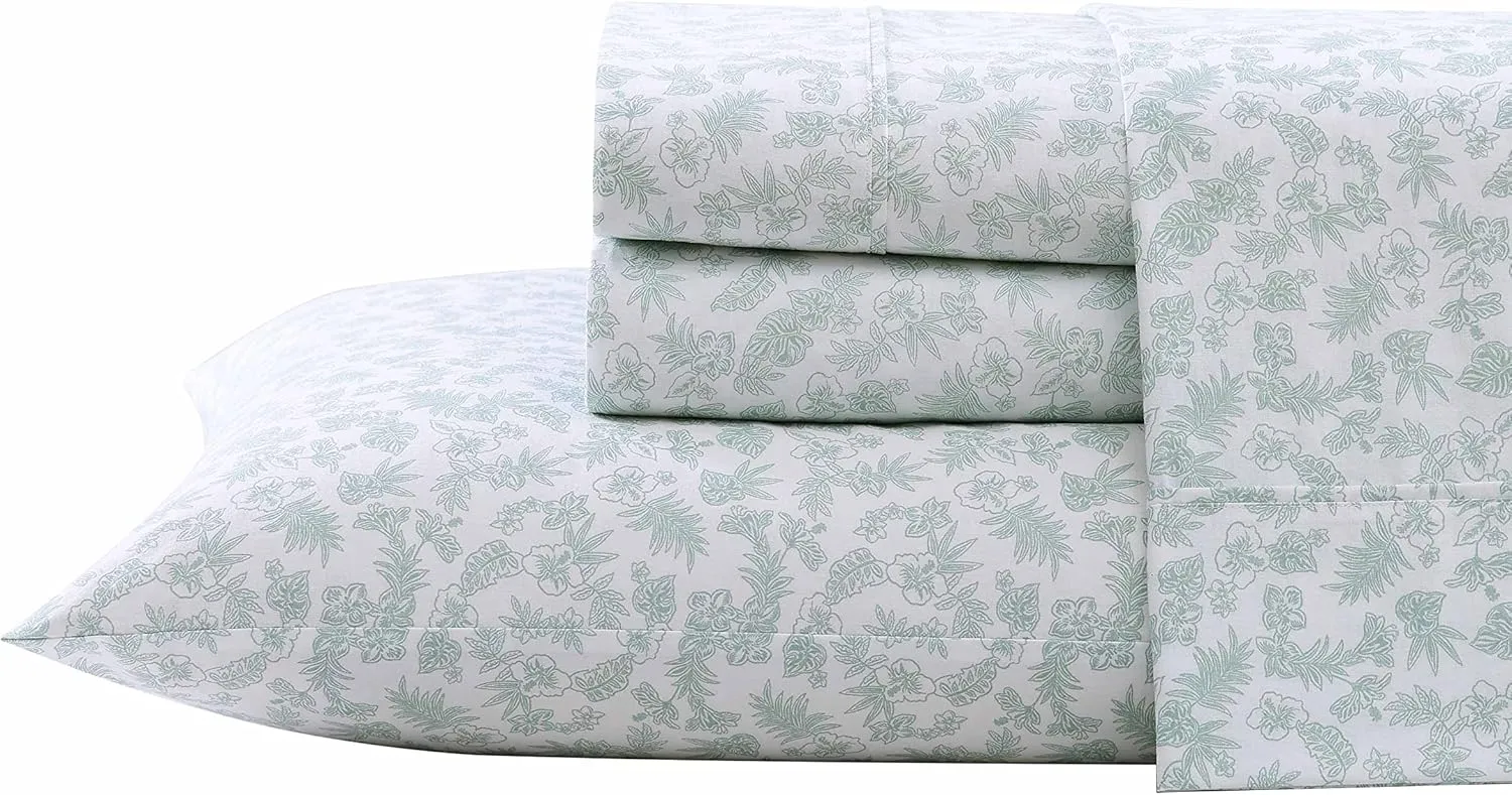 Tommy Bahama - King Sheets, Cotton Percale Bedding Set, Crisp & Cool, Stylish Bedding Set (Hibiscus Bloom Green, King)