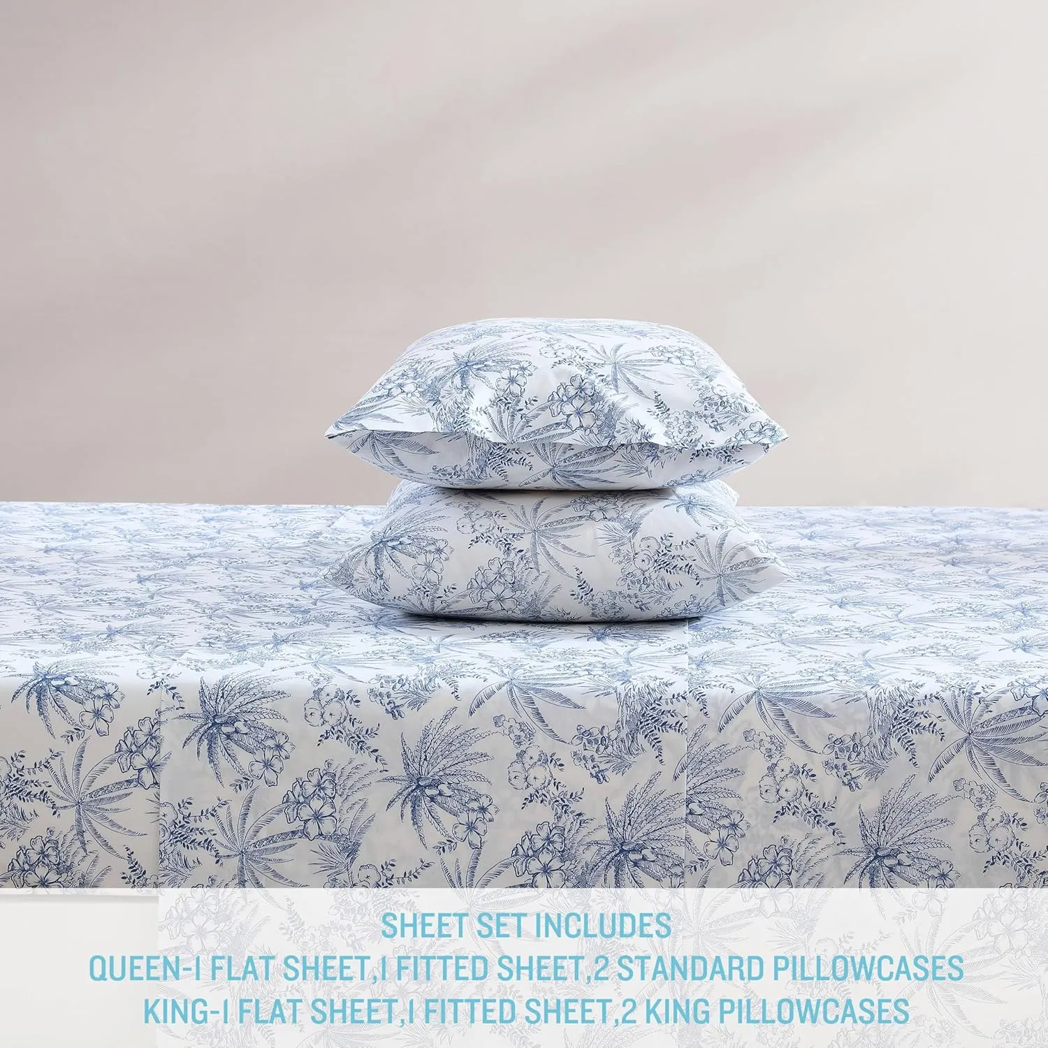 Tommy Bahama - King Sheets, Cotton Percale Bedding Set, Crisp & Cool, Stylish Bedding Set (Pen and Ink Palm Blue, King)(USHSA01035855)