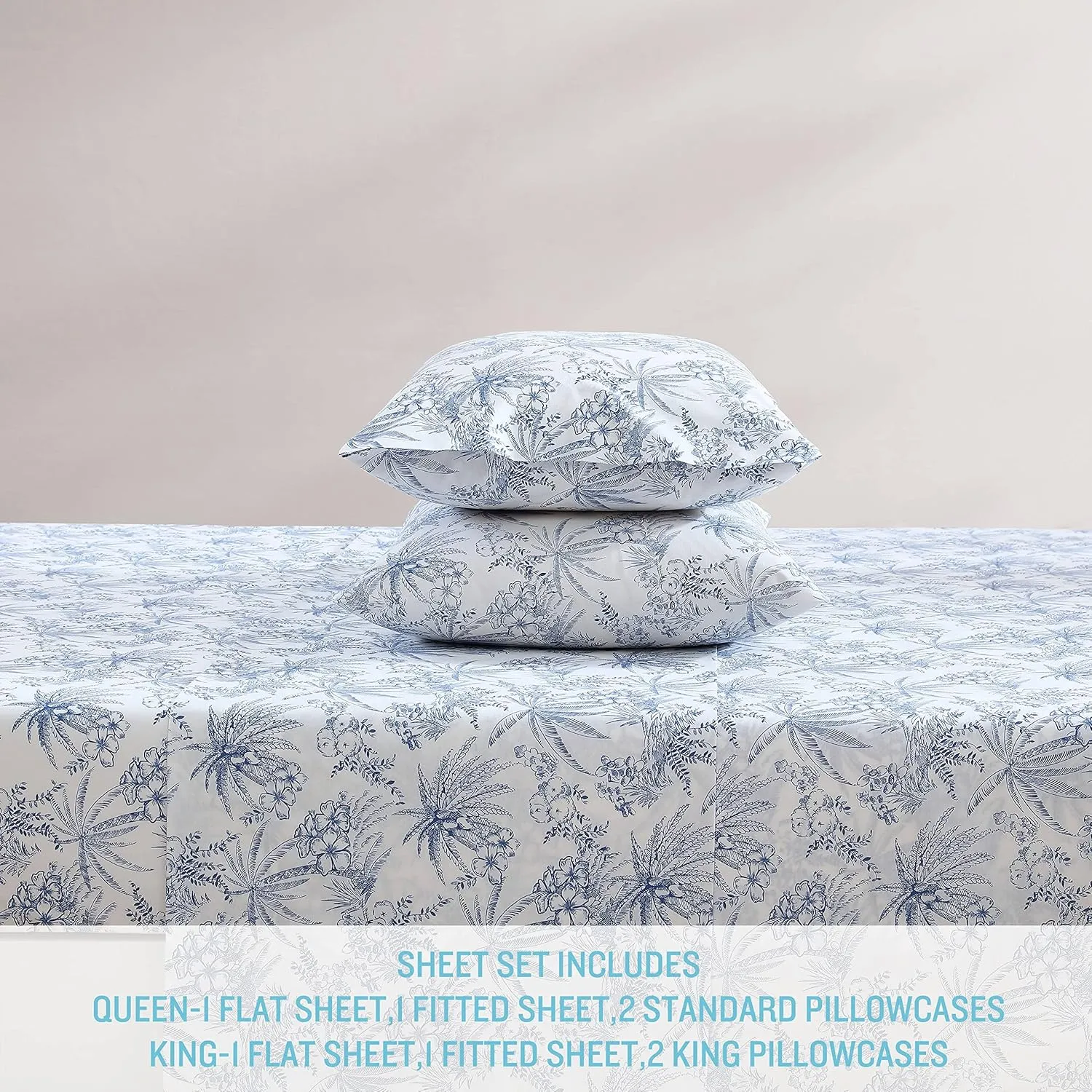 Tommy Bahama - Queen Sheets, Cotton Percale Bedding Set, Crisp & Cool, Stylish Bedding Set (Pen and Ink Palm Blue, Queen)