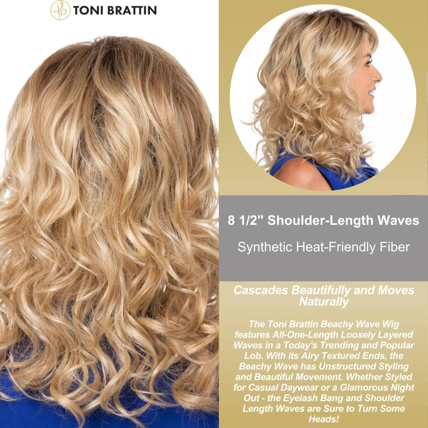 Toni Brattin Beachy Wave Wig - Shoulder Length Layered Waves & Airy Textured Ends - Heat-Friendly Synthetic Fiber Looks & Feels like Natural Hair - Adjustable & Comfortable (Light Grey, Regular)