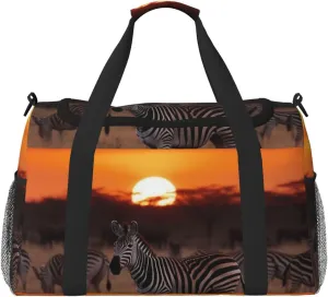 Travel Duffel Bag Lightweight Waterproof Carry On Tote Bag Foldable Weekender Overnight Bags Africa Sunset Zebra Sport Gym Bag For Women Men
