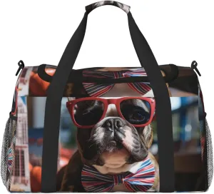 Travel Duffel Bag Lightweight Waterproof Carry On Tote Bag Foldable Weekender Overnight Bags French Bulldog Wearing Sunglasses Sport Gym Bag For Women Men