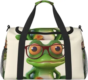 Travel Duffel Bag Lightweight Waterproof Carry On Tote Bag Foldable Weekender Overnight Bags Frog Wearing Glasses Sport Gym Bag For Women Men
