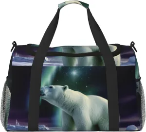 Travel Duffel Bag Lightweight Waterproof Carry On Tote Bag Foldable Weekender Overnight Bags Polar Bears Northern Lights Sport Gym Bag For Women Men