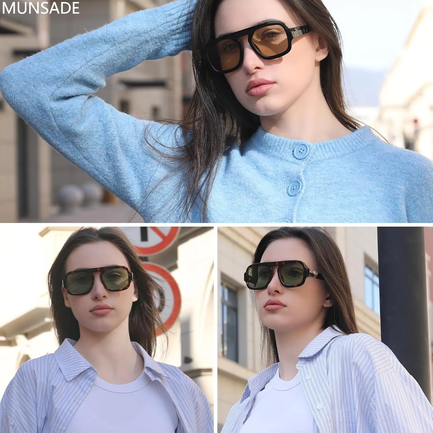 Trendy Square Aviator Sunglasses for Women Flat Top Designer Stylish Frame Sun Glasses Vintage Shades
