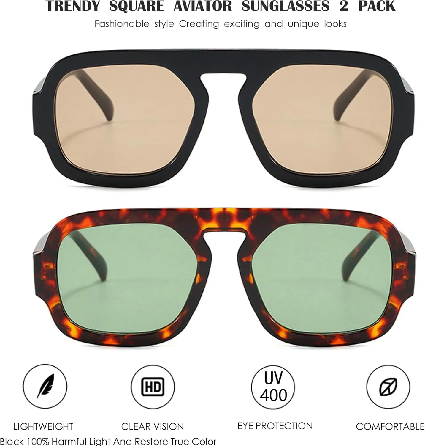 Trendy Square Aviator Sunglasses for Women Flat Top Designer Stylish Frame Sun Glasses Vintage Shades