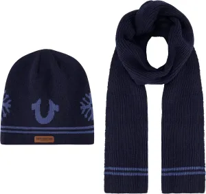 True Religion womens Beanie Hat and Scarf Set, Ribbed Long Winter Knit Cap and Scarf With End Stripes