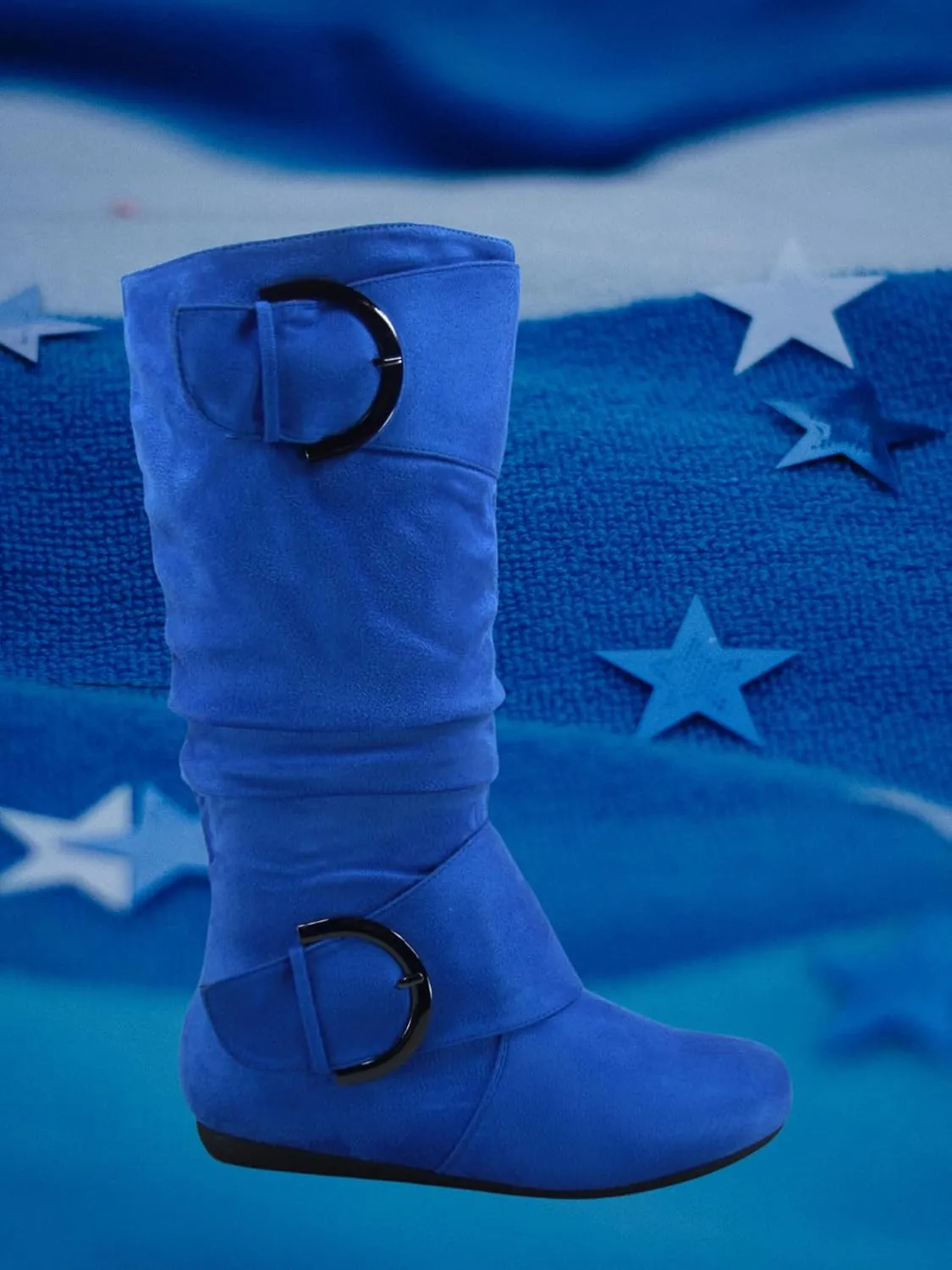 TZ Zone-38 Women's Closed Round Toe Flat Heel Buckle Slouchy Mid-Calf Casual Boots