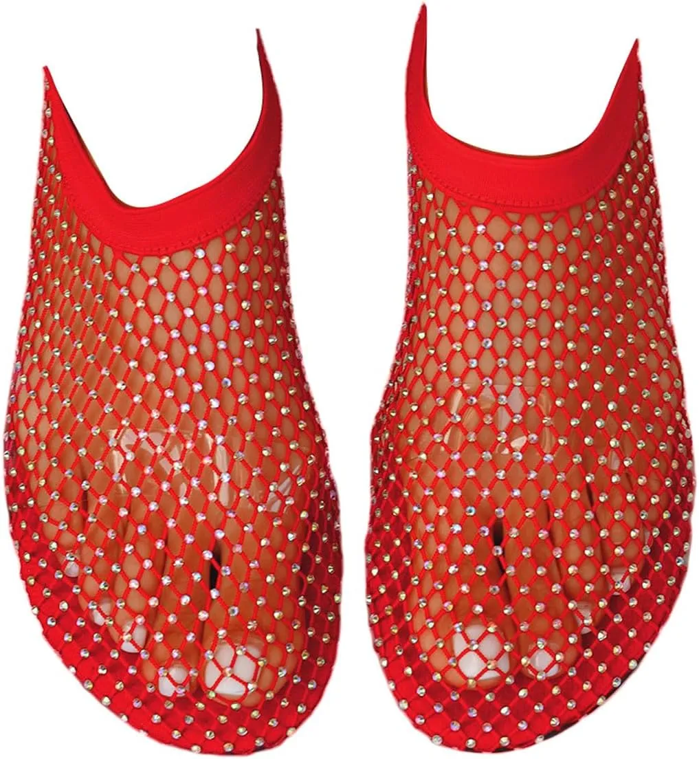 Ultra Comfortable Mesh Flats for Women Fishnet Sandals Low Heel Slip on Rhinestone Shoes