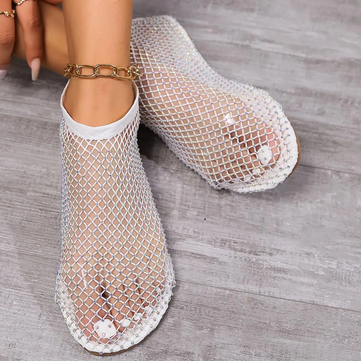 Ultra Comfortable Mesh Flats for Women Fishnet Sandals Low Heel Slip on Rhinestone Shoes