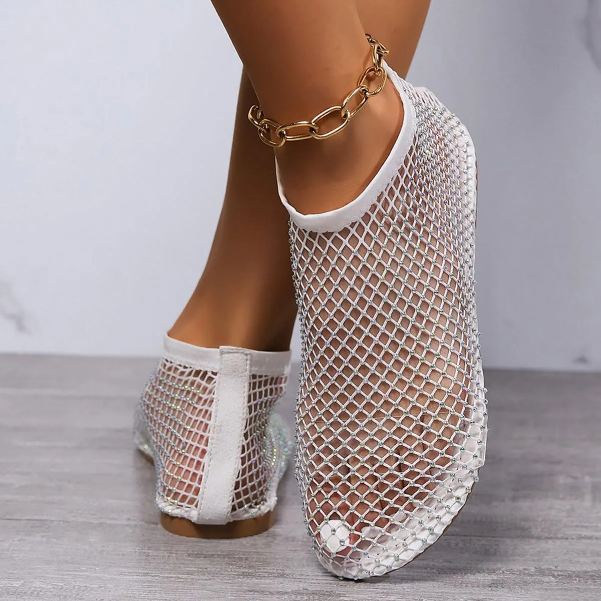 Ultra Comfortable Mesh Flats for Women Fishnet Sandals Low Heel Slip on Rhinestone Shoes