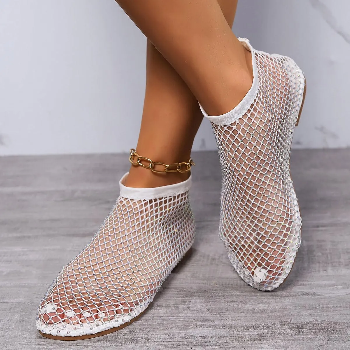 Ultra Comfortable Mesh Flats for Women Fishnet Sandals Low Heel Slip on Rhinestone Shoes
