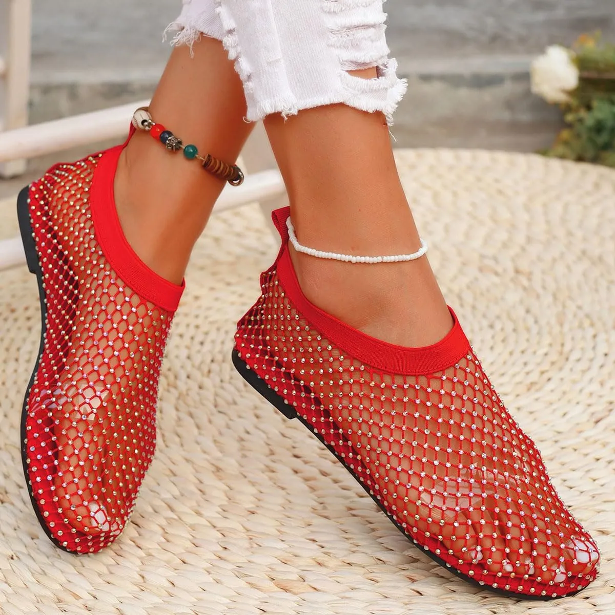 Ultra Comfortable Mesh Flats for Women Fishnet Sandals Low Heel Slip on Rhinestone Shoes