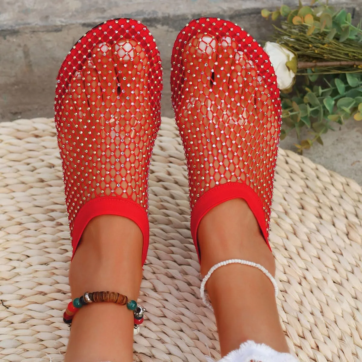 Ultra Comfortable Mesh Flats for Women Fishnet Sandals Low Heel Slip on Rhinestone Shoes