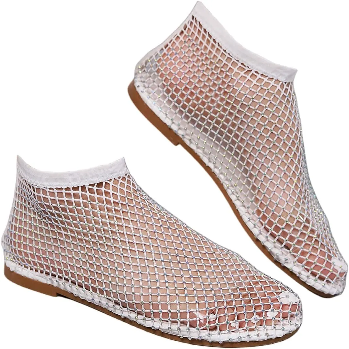 Ultra Comfortable Mesh Flats for Women Fishnet Sandals Low Heel Slip on Rhinestone Shoes