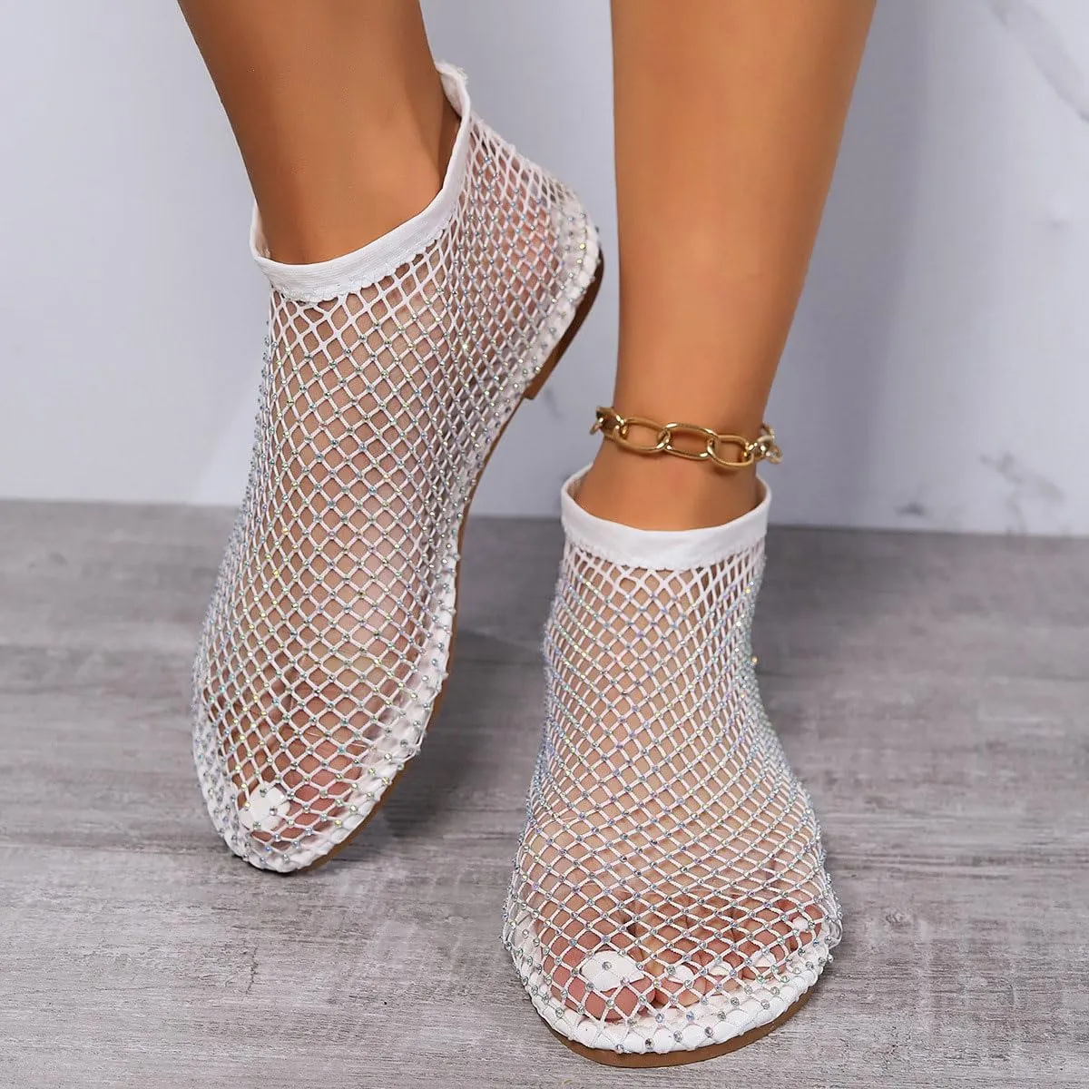 Ultra Comfortable Mesh Flats for Women Fishnet Sandals Low Heel Slip on Rhinestone Shoes