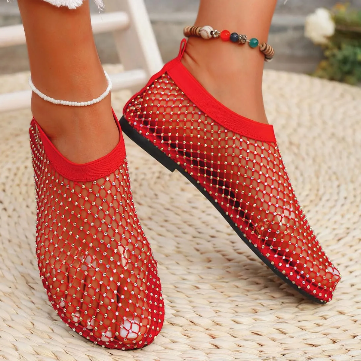 Ultra Comfortable Mesh Flats for Women Fishnet Sandals Low Heel Slip on Rhinestone Shoes