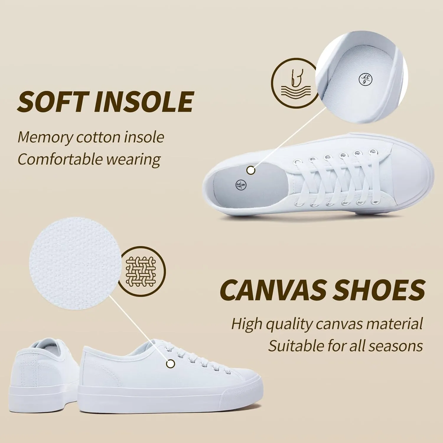 Uoidru White Tennis Canvas Shoes for Women Black Canvas Sneakers Womens Fashion Sneakers Classic Lace Up Walking Shoes